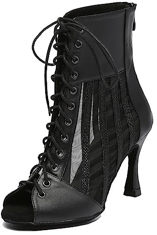 MINITOO Damen Latin Standard Tanzschuhe Mesh Abend Sandalen Stiefeletten Sommer Sexy Tanzstiefel L572 Schwarz EU 38