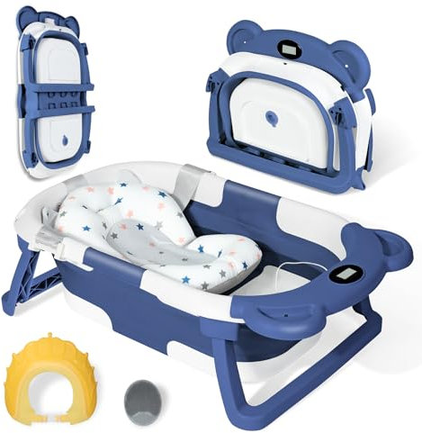 Orzbow Bañera Bebe Plegable con Termómetro,Estable Bañera Portatil Bebe con Adaptador Bañera Bebe,Cepillo de Baño y Gorro de Ducha,Patas antideslizantes,para Bebés de 0 a 24 Meses (Azul)