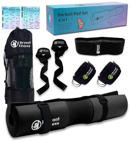 J Bryant Barbell Pad Set for Squats Bench Press Workout, Including Thick Cushioned Hip-Thrusts Pad with Carry Bag, Weight Lifting Straps, Hip Resistance Band and 2 Ankle Straps for Cable Machines