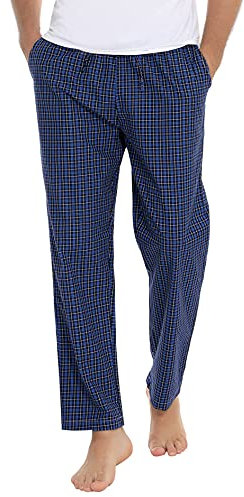 Litherday Kariert Pyjamahose Herren Lang Schlafanzughose 100% Baumwolle Nachtwäsche hose mit 2 Taschen, Schwarz+Blau, M