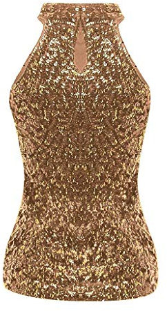 Damen Neckholder Pailletten Tanktop Shirt Hinten Offen Glitzer Tops Sexy Ärmellos Pailletten Oberteil Festlich Bluse Shirt Slim Fit Sparkle Glitzershirt Top für Party Gold, Einheitsgröße