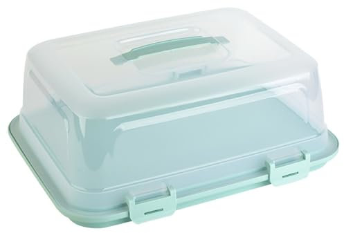 Engelland Rechteckige Kuchen-Transportbox mit Griff, Deckel und 4-fach Klick-Verschluss, Farbe: Pistaziengrün-Transparent, 44 x 35 x 17,50 cm, BPA-frei, Torten-haube, Stückeinteilungshilfe