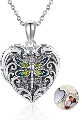 ONEFINITY Tierhalskette personalisierter Baum des Lebens Medaillon Halskette mit Bildern Benutzerdefinierte Sterlingsilber Stammbaum Halskette Schmuck Geschenke für Frauen (Libelle)