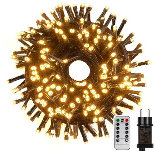Tacobey Luci Albero di Natale Bianco Caldo, 20M 200 LED Catena Luminosa con Telecomando, 8 Modalità, Impermeabile, Timer, Luci Natalizie da Esterno ed Interno, Cavo Verde Scuro