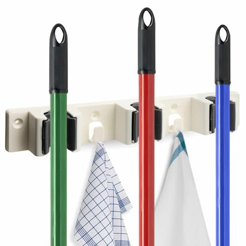 TECHZOCO Colgador de Escobas, Colgador de Fregonas, Soporte Pared fregonas y escobas | 3 Posiciones, Plástico, 26 cm Largo x 4 cm Alto, Blanco, Apto para para Baño, Hogar, Cocina, Garajes, Jardín