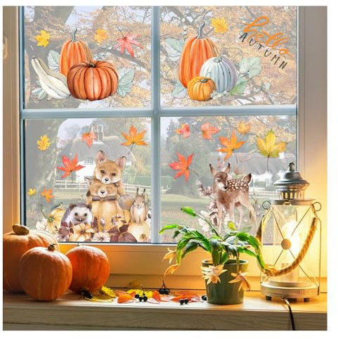 Bieiyhe 9 Pcs Fensterbilder Herbst Selbstklebend,Erntedankfest Fensteraufkleber,Fensteraufkle Thanksgiving Deko,Fensterdeko Aufkleber,Ahornblatt Aufkleber,Fensterbilder Herbst Dekoration für Schule