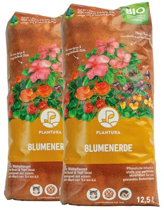 Plantura Bio-Blumenerde, torffrei & vegan, Bio Erde mit Dünger für alle Garten- & Balkonpflanzen, drinnen & draußen, 2 x 12,5 L (25 L)