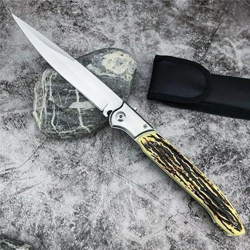 Amacigana 30,5 cm Klappmesser für Camping & Outdoor, Edelstahlklinge mit Gelbem Resin-Griff – Leichtes EDC-Taschenmesser (200g) inkl. Scheide (Geweih-Imitation)