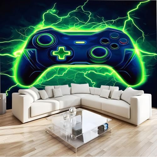 Non-Woven Photo Wallpaper 400 x 280 cm Game 3D Neon Texture, Modern Mural Poster Picture Design Blue for Living Room Kids Bedroom