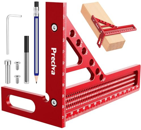 Preciva 3D Speed Square with Pencil, 22.5-90° Multi Angle Combination Squares with Angles Position Aid, Aluminum Alloy Triangle Ruler Measuring Tool, Woodworking Protractor for Engineer Carpenter