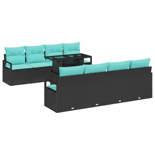 vidaXL Garten-Sofa-Set mit Kissen 7 pcs Schwarz und Blau Poly-Rattan, Garten- und Terrassenmöbel, modulares Sofaset, bequeme Lounge, langlebig und UV-beständig, ideale Sitzgelegenheit für die Terrasse