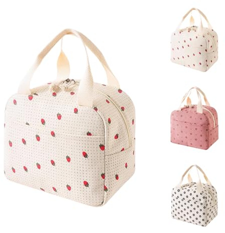 SUOXU Large Capacity Corduroy Insulated Lunch Bag for Adults Kids, Thermal Tote for Work School Picnic, Leak Proof Cooler Bag with Handle, Cute Floral Print Lunch Box (Off-White - Strawberry)
