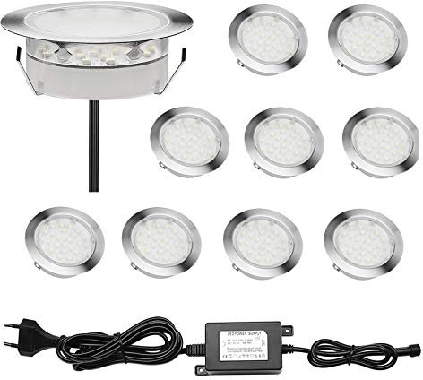 CHNXU 10er LED Bodeneinbaustrahler Set, Treppen Einbaustrahler Ø80mm Kaltes Weiß IP67 Wasserdicht 2.5W Außen Lampe Boden Einbauleuchten für Küche Garten Treppen Balkon Terrasse
