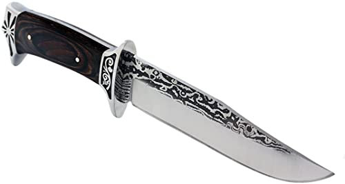 Bowiemesser Clip-Point-Klinge Außergewöhnliches Ornamentverziertes Damast Design - Jagdmesser Gürtelmesser Fahrtenmesser Messer mit Holzgriff und Tragetasche