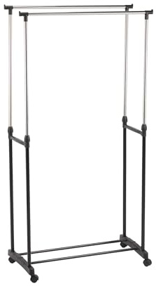 MSV Kleiderständer mit Rollen/2 Stangen aus Edelstahl, Plastik, Silber/Schwarz, 100 x 43 x 101 cm