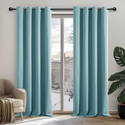 Deconovo Verdunkelungsvorhang Ösen Gardinen Kälteschutz Schlafzimmer Vorhang Blickdicht Winter, 175x140cm(HöhexBreite), Himmelblau, 2er Set