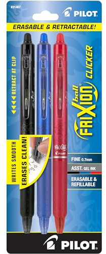 PILOT FriXion Clicker Erasable, Refillable & Retractable Gel Ink Pens, Fine Point, Black/Blue/Red Inks, 3-Pack (31467)