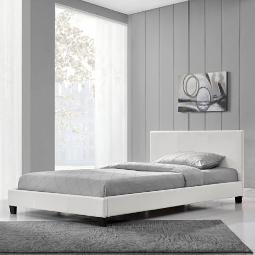 Corium Bett Albacete Polsterbett 140 x 200 cm Kunstlederbett Bettgestell mit Lattenrost und Kopfteil Einzelbett Doppelbett gepolstertes Bett Jugendbett Kunstlederbezug Weiß