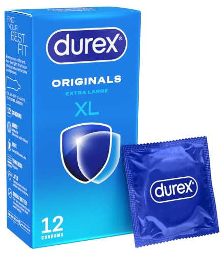 Durex Originals XL, 12 Condoms, Regular Fit, Silicone Lubricated | Easy On Shape, Teat Ended, Regular Thickness, Wide Fit, Pre Lubricated with Silicone Lube, Natural Latex