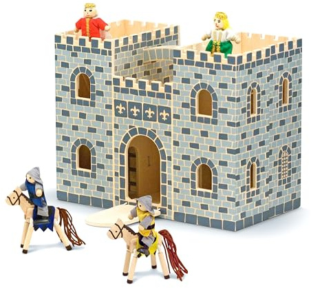 Melissa & Doug Fold & Go Wooden Castle (Pretend Play Grey Dollhouse With Wooden Play Figures, Horses, Furniture, 12 Pieces)