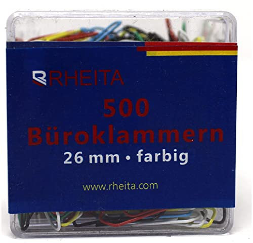Rheita 1048-7 Büroklammern, 26 mm, farblich sortiert, 500 Stück in Klarsichtbox,farblich sortiert