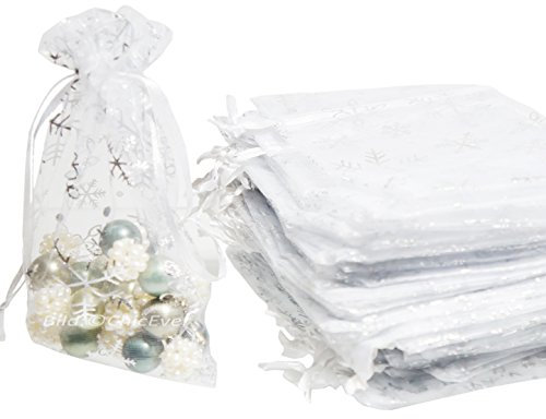 100x Schmuckbeutel 16,5cmx22cm Schmuck Etui Geschenk Verpackung Organza Säckchen weiss silber Weihnachtsmotiv Schneeflocken 7889E