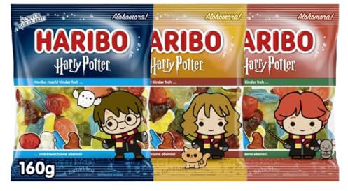 HARIBO Harry Potter Gummibärchen | Limitierte Edition mit Harry, Hermine & Ron | 3x 160g Fruchtgummis | Magischer Snack für Harry Potter Fans