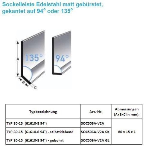25 Meter Fußleisten / Sockelleisten TYP 80-15 (Edelstahl gebürstet und foliert / 61610-8 94° SK) - selbstklebend