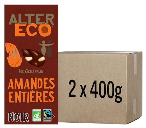 ALTER ECO - Tablette Chocolat Noir aux Amandes Entières - Bio & Équitable - Chocolat Pérou - 200 g - lot de 2 (total de 400 g)