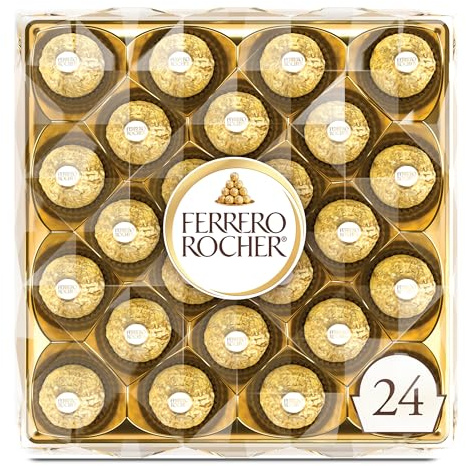 Ferrero Rocher Gourmet Hazelnut Milk Chocolate Gift Box, 24 Individually Wrapped Chocolates, 10.6 oz