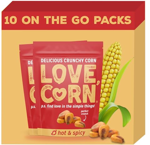 LOVE CORN Chilli Crunchy Corn (10 x 45g) - High Fibre Snack, High Oleic Sunflower Oil, Gluten-Free, Vegan, Kosher, Low Sugar, Healthy On-The-Go Graze, Spicy Crisps Alternative, UK Made