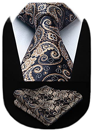 HISDERN Herren Krawatte Extra Lange Paisley Krawatten und Einstecktuch Set Elegante Hochzeit Seidenkrawatte Taschentuch für Männer Gold & Marine