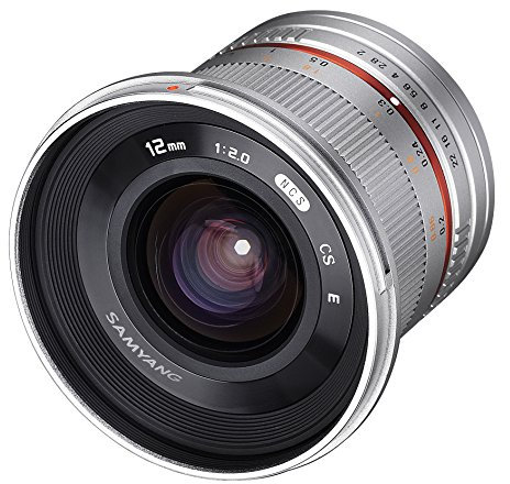 Samyang SY12M-FX-SIL - Lente Ultra Gran Angular F2.0 de 12 mm para cámaras Fujifilm X-Mount, Color Plateado