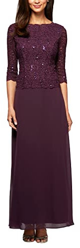 Alex Evenings Women's 3/4 Sleeve Stretch Lace Bodice One Piece Mother of The Bride Dress (Petite and Regular Sizes) Special Occasion, Deep Plum, 20