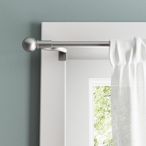 Maytex Twist and Shout Easy Install Tension Window Curtain Rod, No Tools Needed, 28 - 48, with Decorative Round Ball Finials, Brushed Nickel