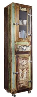 MASSIVMOEBEL24.DE | FREEZY Hochschrank aus Massivholz #11 | Altholz - Mehrfarbig, lackiert | Industrial-Stil | 55x38x190 cm | Wohnzimmerschrank Holzschrank mit Glastür