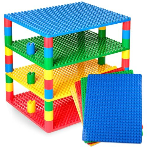 Green, Blue, Yellow, and Red Tower Organizer Set includes 48 Round Stackers and 4 Baseplates Compatible with LEGO DUPLO Baseplates | COmpatible with DUPLO Bricks Large Pegs Only - 16.25 x 13.75
