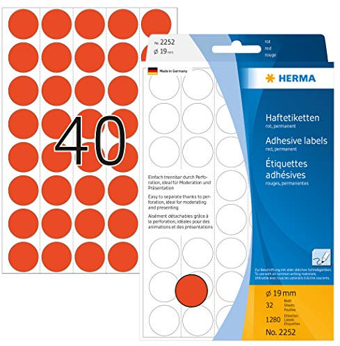 HERMA 2252 Punktaufkleber Klebepunkte perforiert rot, 1280 Stück, Ø 19 mm, 40 pro Bogen, selbstklebend, Markierungspunkte für Kalender Planer, matt, blanko Papier Farbpunkte Aufkleber