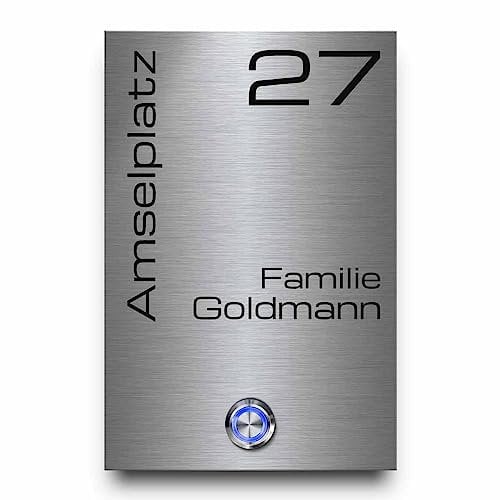 CHRISCK design - Edelstahl Türklingel mit Wunsch-Gravur, Led-Beleuchtung und Motiven - 12x18 cm | personalisierte Klingelplatte - Modell: Goldmann