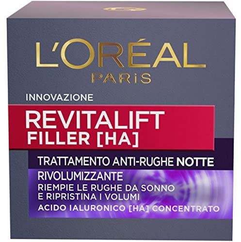 L'Oréal Paris Crema Viso Notte Revitalift Filler, Azione Antirughe Rivolumizzante con Acido Ialuronico Concentrato, 50 ml