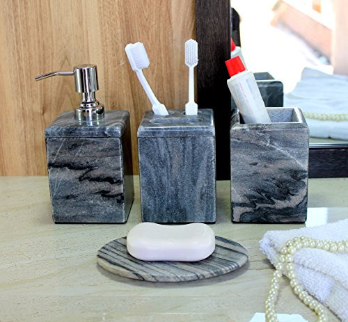 KLEO - Bathroom Accessory Set Made from Natural Stone - Bath Accessories Set of 4 Includes Soap Dispenser, Toothbrush Holder, Tumbler and Soap Dish (Grey)…
