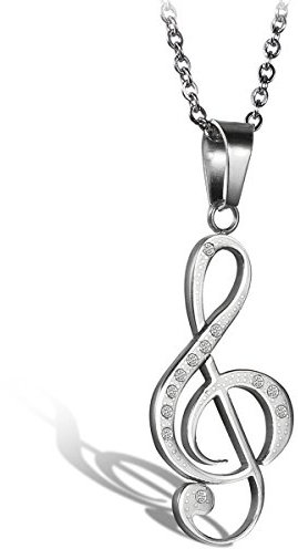 Flongo Edelstahl Anhänger Halskette Strass Silber Musik Note Musik Zeichen Symbol Notenschlüssel Elegant Damen, mit 45cm Kette