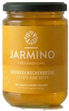 JARMINO Proteinreiche Bio Knochenbrühe vom Huhn | & 28g natürliches Eiweiß pro Glas | 12x 350ml Bone Broth | für ketogene Ernährung & low carb Diät geeignet • 20 Std. gesimmert | enthält Kollagen