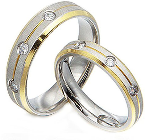 Gemini - 2 Trauringe gold Titan Zirkonia mindestens 3 Steine weiss -gratis Gravur Partnerringe, Freundschaftsringe, Größe 47-77