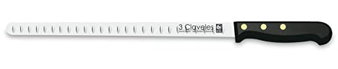 3 Claveles Cuchillo Jamonero, Alveolado, Acero Inoxidable-(29cm), Mango Pom Negro, 29 cm