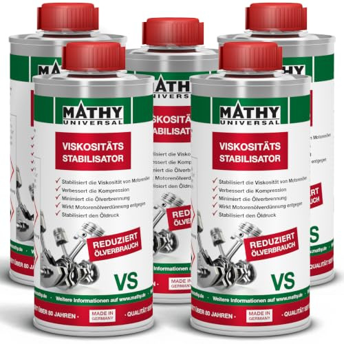 MATHY-VS Viskositäts-Stabilisator für Motoröle, 5 x 250 ml, Motoröl-Additiv | Öl-Zusatz für Diesel- & Benzinmotoren, Reduziert Ölverbrauch im Motor, Stabilisiert Öldruck, Minimiert Ölverbrennung