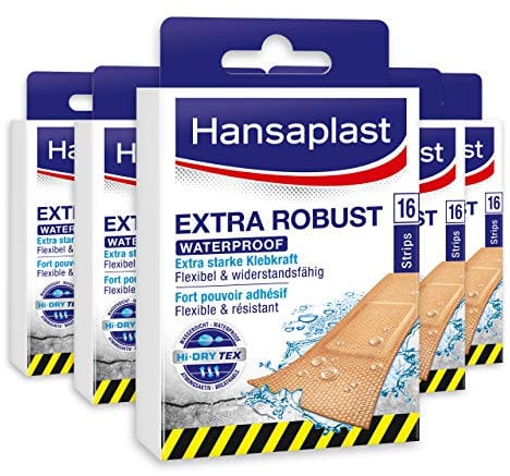 Hansaplast Extra Robust Waterproof Widerstandsfähiges Textil Pflaster, Wundpflaster mit extra starker Klebkraft, flexible und atmungsaktive Heftpflaster, 5 x 16 Strips