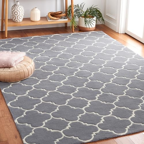 SAFAVIEH Chatham Collection Area Rug - 6' x 9', Dark Grey & Ivory, Handmade Quatrefoil Trellis Wool, Ideal for High Traffic Areas in Living Room, Bedroom (CHT717D)