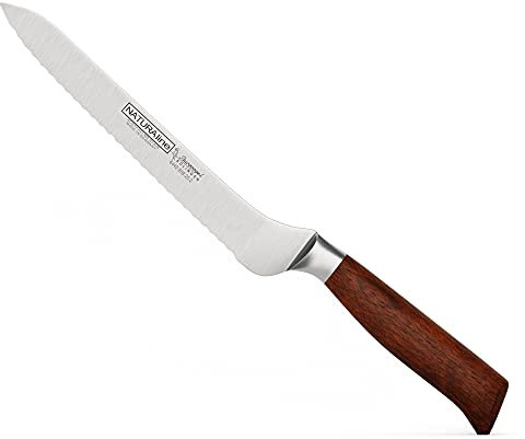 Burgvogel Solingen Natura Line, Brotmesser Holzgriff, rot satiniert, geschmiedet, 20 cm mit Wellenschliff, rostfrei, sehr scharf, Made in Germany, Braun Rot, 8 = 20 cm, 6440.906.20.2