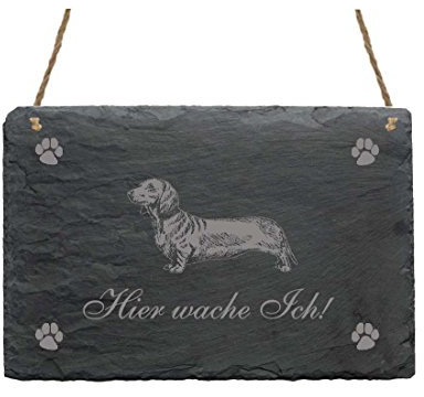 Schiefertafel « Hier wache ich - TECKEL » Schild mit Hunde Motiv Dackel - Türschild Dekoration - Garten Terrasse Eingang Tor - Dachshund